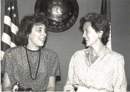 Marcia &amp; Duffy at a press conference opposing the nomination of Robert Bork to the Supreme Court, 1987.