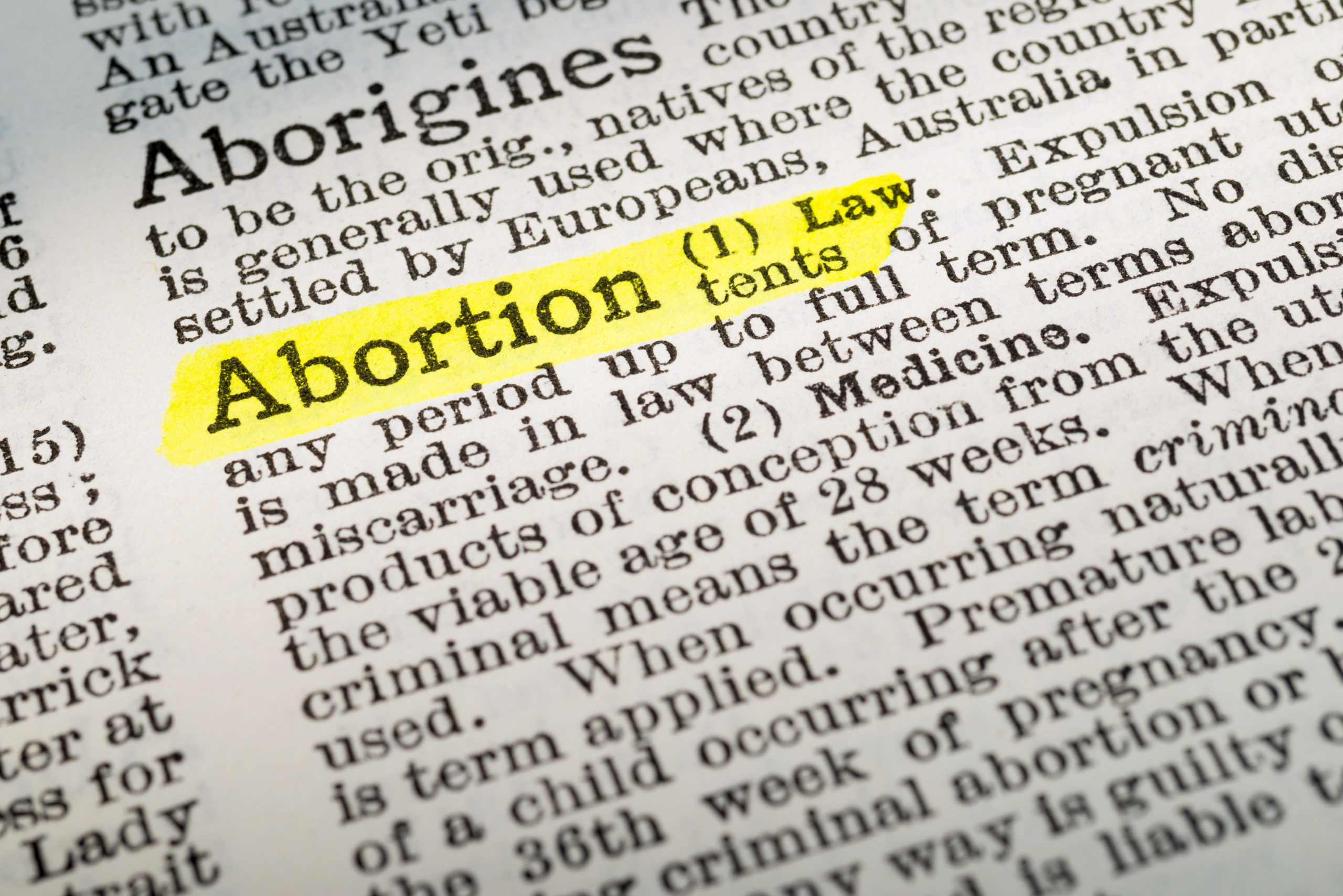 Dictionary entry of 'abortion' highlighted in yellow
