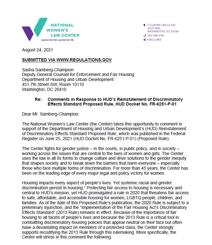 NWLC Comment to HUD on Disparate Impact 2021 Proposed Rule - National ...