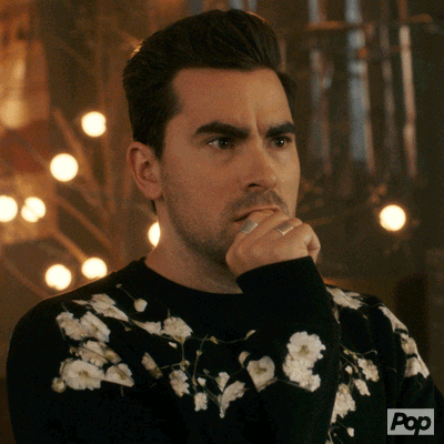 David from the show Schitt's Creek is shown saying "Oh My God" while looking concerned