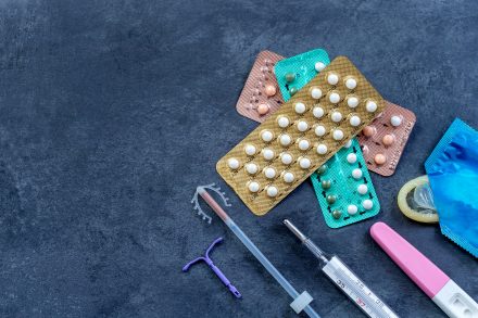 Choosing method of contraception : Birth control pills, an injection syringe and condom,IUD-method