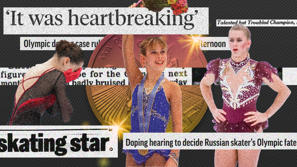 Image of Tara Lipinski, Kamila Valieva, and Tonya Harding surrounded by news headlines