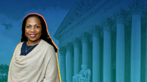 Judge Jackson against the background of the Supreme Court.
