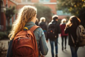 Girl and friends with backpacks going to class.