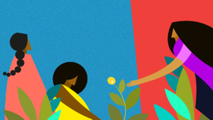 Image from the Sparking Change report showing illustrations of women among leaves