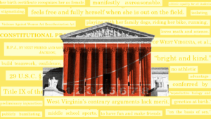 Illustration of the Supreme Court with text behind it.